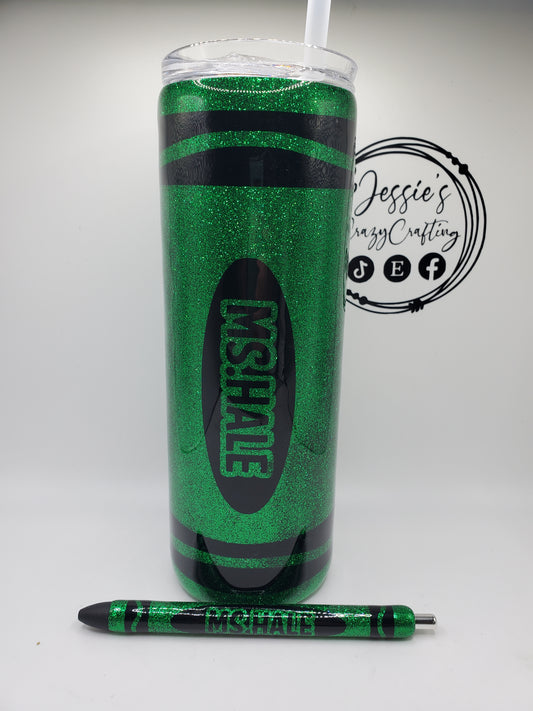 Personalized Teacher Crayon Tumbler with Pen / Glitter Epoxy Skinny Cup / Rainbow Crayon Cup / Teacher Appreciation Gift / Custom Teacher Tumbler and pen