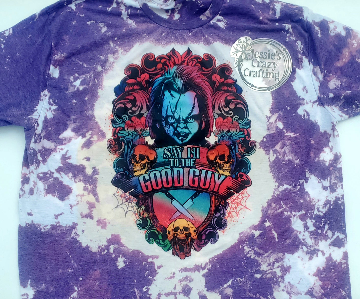 Chucky "Say Hi to the Good Guy" Bleached T-Shirt / Purple Acid Wash Horror Tee / Halloween Shirt / Spooky Graphic Tee / Handmade Bleach Shirt