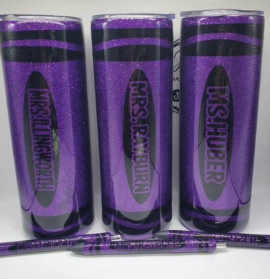 Personalized Teacher Crayon Tumbler with Pen / Glitter Epoxy Skinny Cup / Rainbow Crayon Cup / Teacher Appreciation Gift / Custom Teacher Tumbler and pen