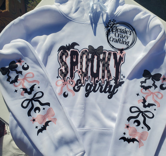Spooky & Girly,Pink Black Halloween Sweatshirt, Cute Spooky Hoodie, Bow and Bat Sleeve Design, Girly Halloween Shirt